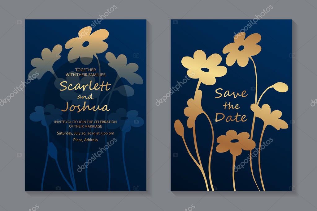 Set of luxury floral wedding invitation design or greeting card templates with golden flowers on a navy blue background.