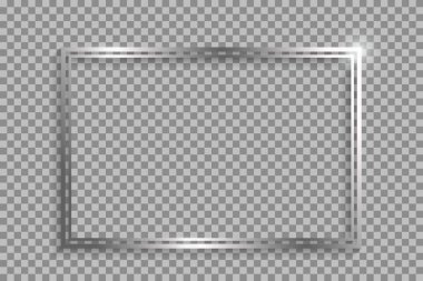 Şeffaf bir arkaplanda izole edilmiş gölgeler ve röflelerle gümüş çift dikdörtgen çerçeve.