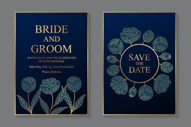 Lüks düğün davetiyesi dizaynı ya da lacivert arka planda altın çiçekli tebrik kartı şablonları..