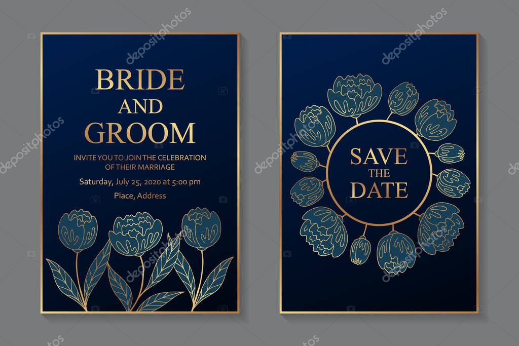 Set of luxury floral wedding invitation design or greeting card templates with golden flowers on a navy blue background.