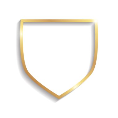 Beyaz arkaplanda izole edilmiş gölgeli ve röfleli Altın Kalkan şekil çerçevesi.