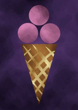 Dondurma vektör logosu. Mor kepçeli altın koni.