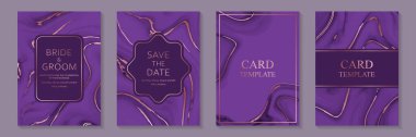 Modern, soyut, lüks bir düğün davetiyesi ya da iş yeri ya da sunum için kart şablonları ya da mor sıvı mermer arka planda altın dalgalarla selamlama.