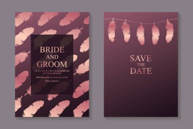 Modern lüks düğün davetiyesi tasarımı ya da kart şablonları. Doğum günü tebriği, sertifika ya da pembe arka planda gül sarısı tüyleri olan poster..