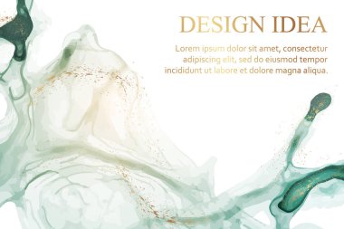 Modern soyut lüks arkaplan tasarımı ya da kart şablonu ya da doğum günü tebriği ya da duvar kağıdı ya da deniz mavisi suluboya dalgaları ya da beyaz üzerine altın lekeli alkol mürekkebi tarzında sıvı sanat posteri.