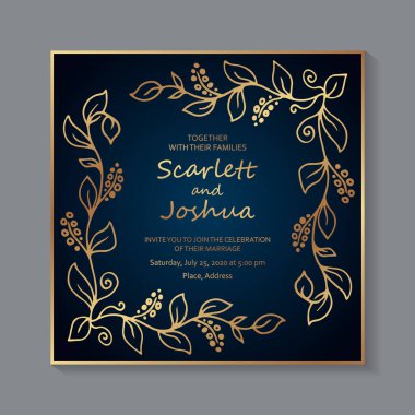 Lüks düğün davetiyesi tasarımı veya iş veya sunum için kart şablonu veya mavi arka planda altın çiçeklerle selamlama.