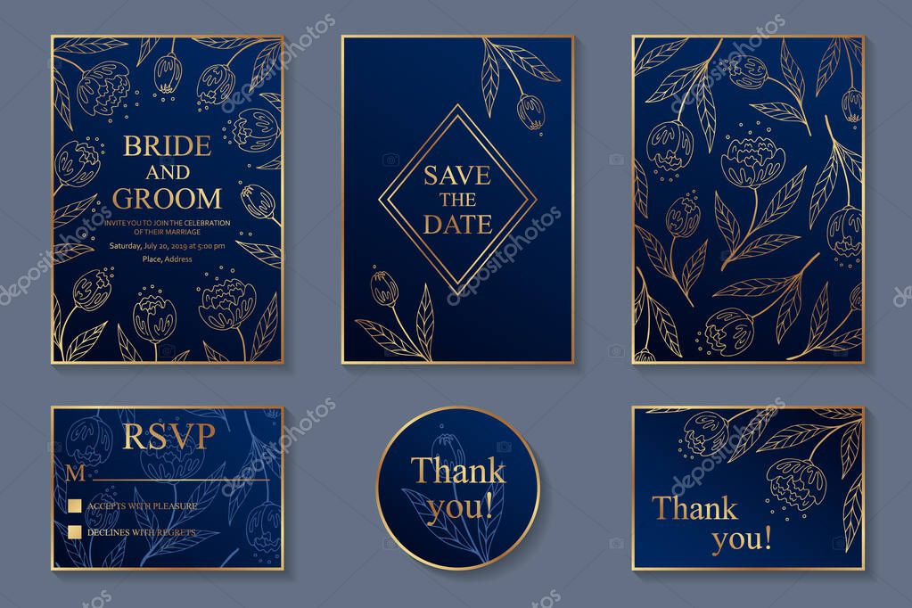 Set of modern floral luxury wedding invitation design or card templates for rsvp with golden flowers on a navy blue background.