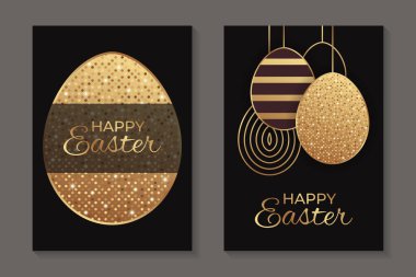 Paskalya kutlamaları için iki tebrik kartı seti. Siyah arka planda parlak altın yumurtalar..