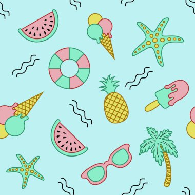 Güneş gözlüğü, palmiye, can yeleği, karpuz dilimi, dondurma, denizyıldızı, ananas, dalgalar gibi plaj elementleriyle renksiz yaz deseni. Moda baskı tasarımı. Vektör illüstrasyonu.