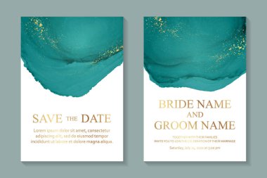 Modern abstract luxury wedding invitation design or card templates for birthday greeting or certificate or cover with green watercolor waves or fluid art in alcohol ink style with gold on a white. clipart