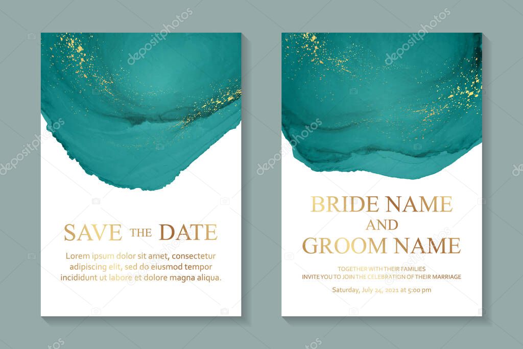 Modern abstract luxury wedding invitation design or card templates for birthday greeting or certificate or cover with green watercolor waves or fluid art in alcohol ink style with gold on a white.