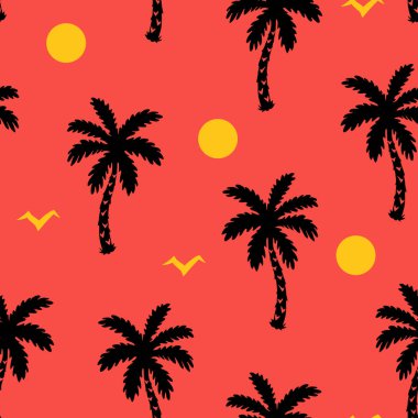 Siyah palmiye ağaçları ve mercan zemin üzerinde sarı güneş olan pürüzsüz bir patent..