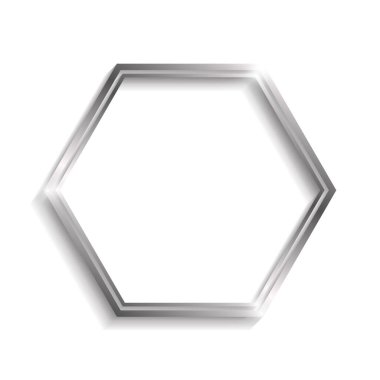 Beyaz arka planda izole edilmiş gölgeli ve röfleli gümüş çift altıgen çerçeve.