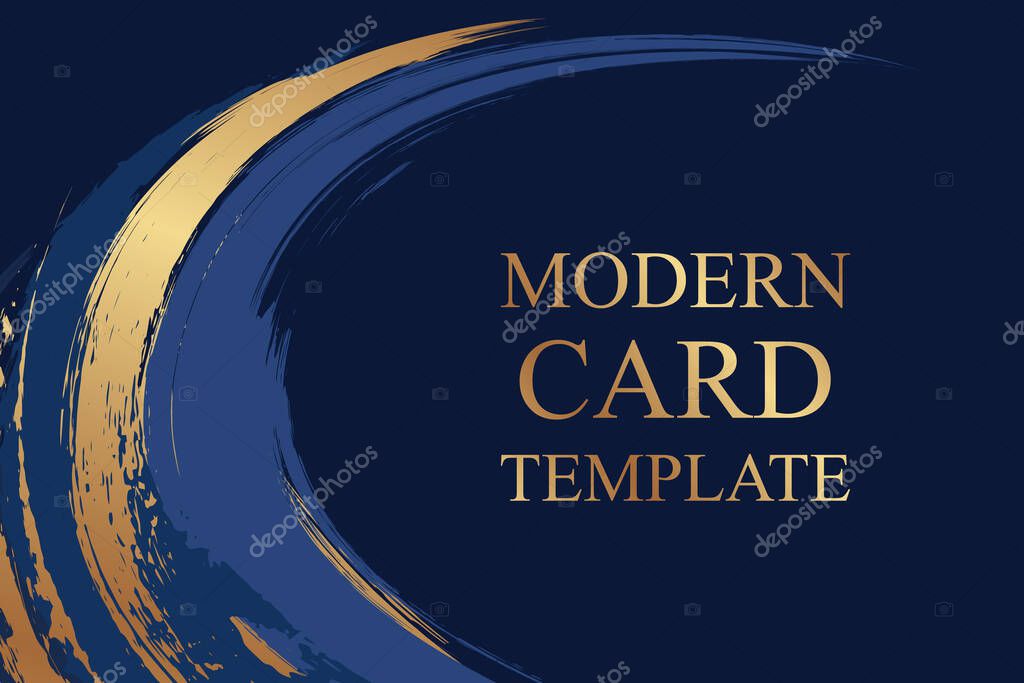Modern grunge luxury card template for business or presentation or greeting with golden paint brush strokes on a navy blue background.