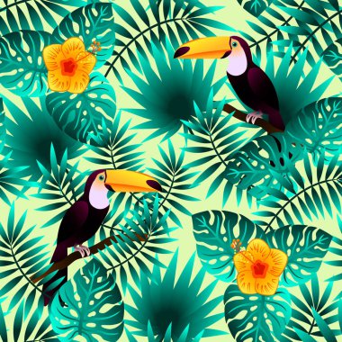Tukanlar, tropik yapraklar ve çiçeklerle kusursuz desen.
