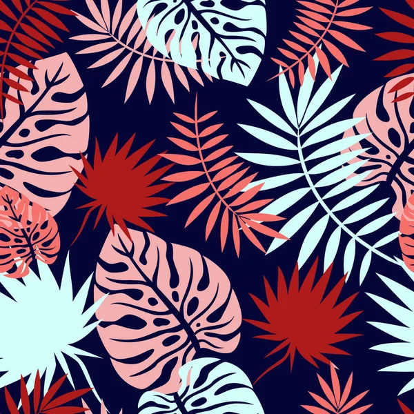 Бесшовный Узор Тропическими Листьями Коралловом Красном Розовом Бирюзовом Цветах Темно — стоковый вектор