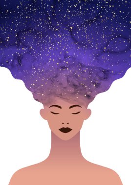 Koyu mor suluboya lekeli kız ya da kadın yüzü ya da altın parıltılı akışkan sanat ve yıldızlar gibi..