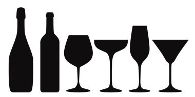 Şarap, şampanya ve kokteyl bardakları..