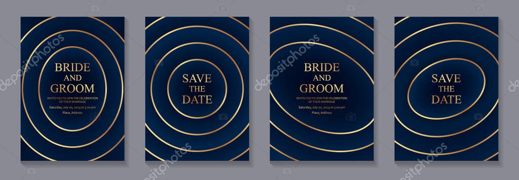 Set of modern geometric luxury wedding invitation design or card templates for business or presentation or greeting with golden circles and ellipses on a navy blue background.