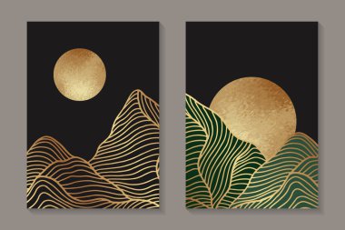 Modern soyut lüks arka plan ya da üzerinde altın dağlar ve güneş olan zarif kart tasarımı.