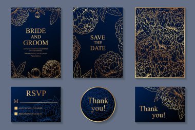Lüks düğün davetiyesi dizaynı mı yoksa lacivert arka planda altın şakayıklı tebrik kartı şablonları mı?.