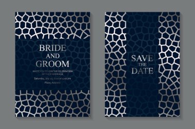 Modern geometrik lüks düğün davetiyesi seti ya da iş ya da sunum için kart şablonları ya da lacivert arka planda gümüş mozaik ile selamlama.