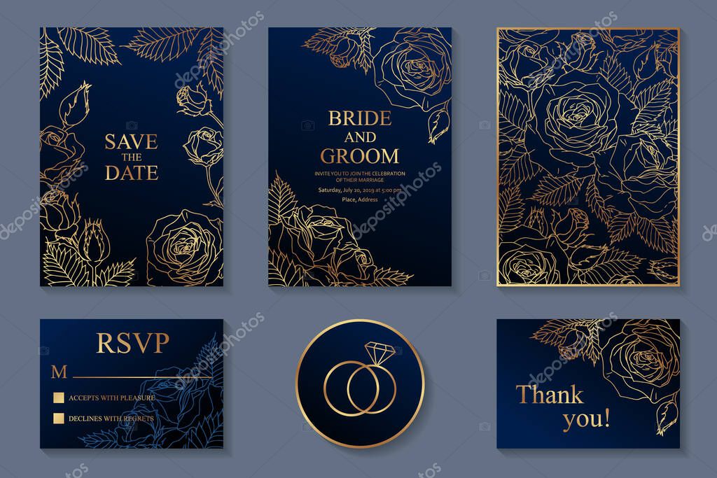 Set of luxury floral wedding invitation design, rsvp, thank you or greeting card templates with golden roses on a navy blue background.