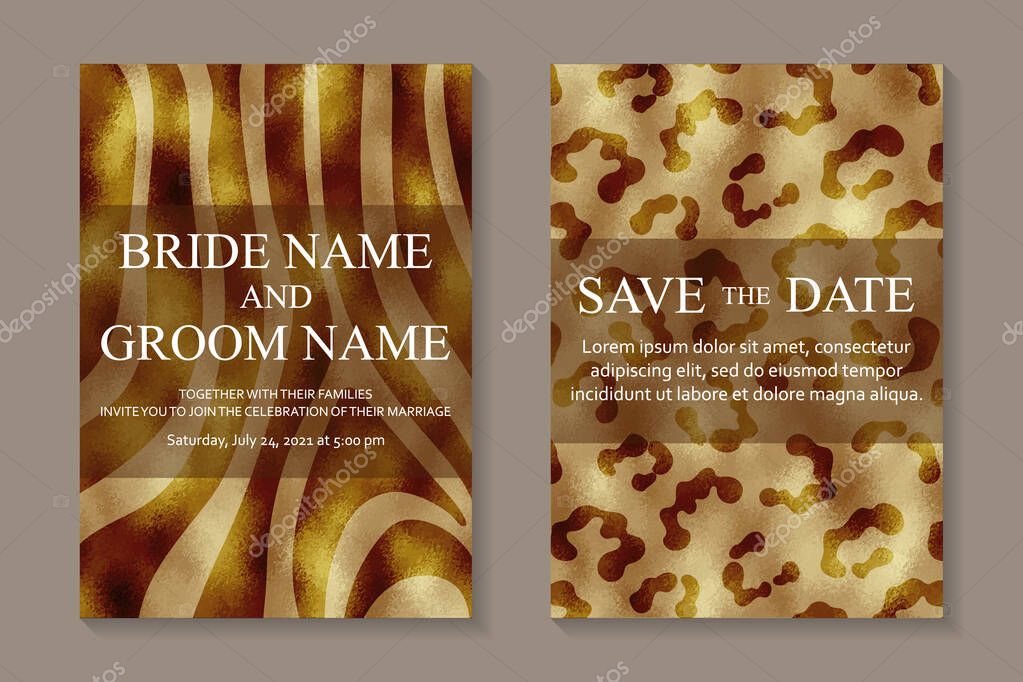 Modern luxury wedding invitation design or wild card templates for zoo or safari certificate or booklet cover with golden zebra's stripes and leopard's stains.