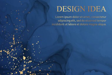 Soyut mavi mürekkep dalgaları ve altın kaplamalı düğün veya menü için modern suluboya arkaplan veya zarif kart tasarımı.