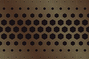 Pankart veya sunum için modern geometrik lüks arka plan veya altın altıgenli tebrik kartı veya siyah bir bal peteği.