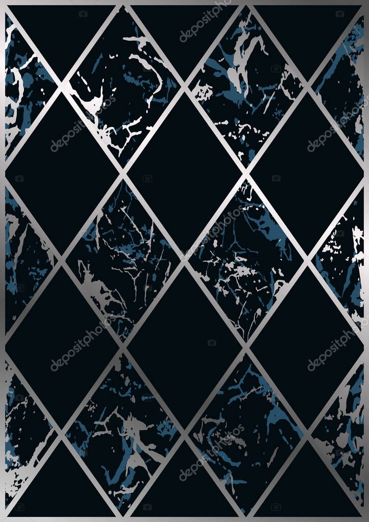 Modern geometric luxury background for business or presentation or greeting card with silver lines and navy blue, and marble rhombuses.