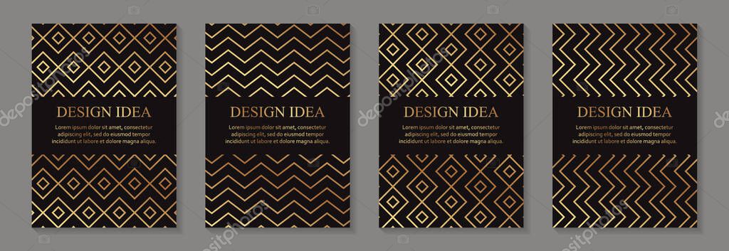 Modern geometric luxury new year design or card templates for birthday greeting or certificate or poster with golden and zig zag lines on a black background.