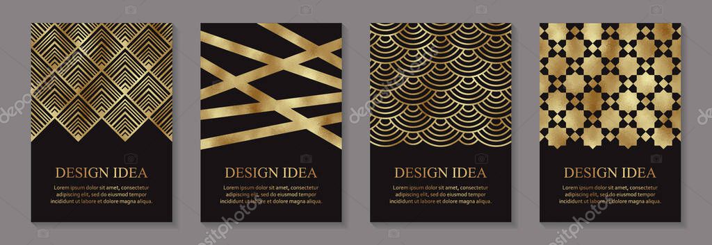 Modern luxury wedding invitation design or card templates for birthday greeting or certificate or cover with golden textured ornaments on a black background.