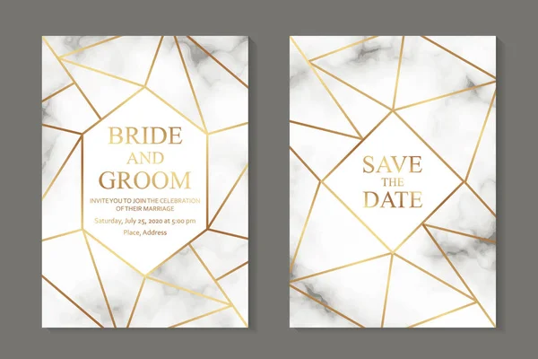 白い大理石の背景に金色の線でビジネスやプレゼンテーションや挨拶のための現代の豪華な結婚式の招待状のデザインやカードテンプレートのセット — ストックベクタ