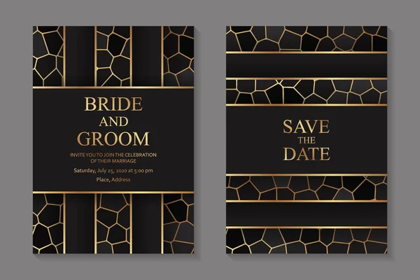 ビジネスやプレゼンテーションのための近代的な幾何学的な豪華な結婚式の招待状のデザインやカードテンプレートのセットや黒の背景に黄金の線やモザイクストライプと挨拶 — ストックベクタ