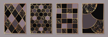 İş ve sunum için modern geometrik lüks arka planlar veya altın çizgili tebrik kartları ve pembe, siyah ve mermer petekler, kareler, eşkenarlar, daireler.