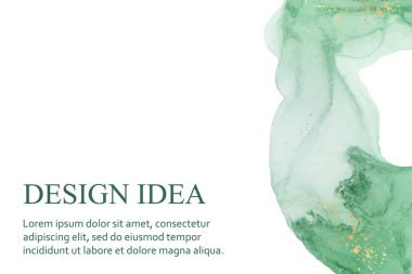 Modern suluboya arkaplan veya zarif kart tasarımı veya soyut yeşil mürekkep dalgaları ve beyaz üzerinde altın lekeler olan duvar kağıdı veya poster.