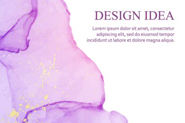Modern suluboya arkaplan ya da zarif kart tasarımı ya da duvar kağıdı ya da soyut mor mürekkep lekeleri ve beyaz üzerinde altın lekeler olan poster.