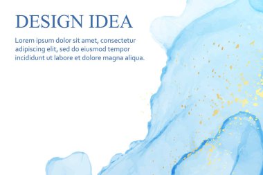 Modern suluboya arkaplan ya da zarif kart tasarımı ya da soyut mavi mürekkep dalgaları ve beyaz üzerinde altın lekeler olan duvar kağıdı ya da poster.