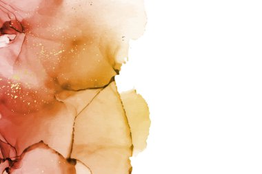 Modern suluboya arkaplan ya da zarif kart tasarımı ya da duvar kağıdı ya da soyut kırmızı ve sarı mürekkep dalgaları ve beyaz üzerinde altın lekeler olan poster.