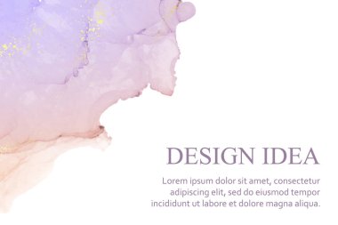 Modern suluboya arkaplan ya da zarif kart tasarımı ya da duvar kağıdı ya da soyut mor mürekkep lekeli poster ve beyaz üzerinde altın lekeler.