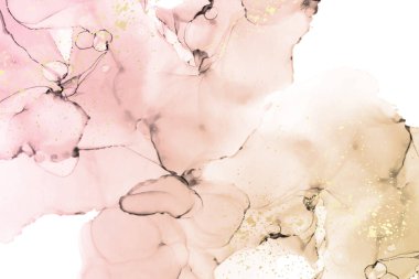 Modern suluboya arkaplan ya da zarif kart tasarımı ya da duvar kağıdı ya da soyut toz pembe mürekkep lekeli poster ve beyaz üzerinde altın lekeler.
