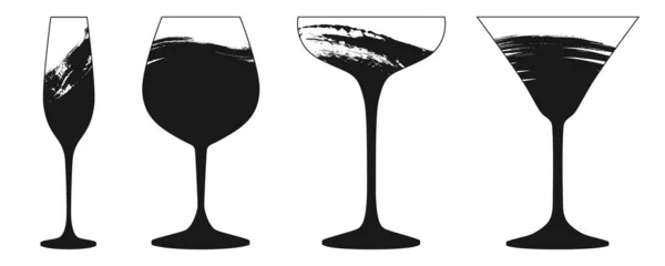 Ensemble Icônes Cocktail Vin Grunge Noir Verres Champagne Isolés Sur — Image vectorielle