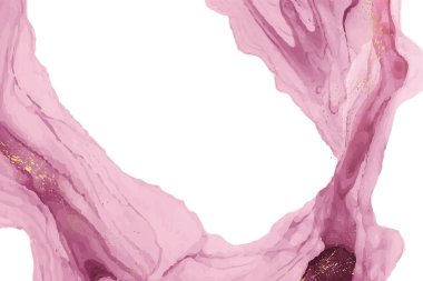 Modern suluboya arkaplan ya da zarif kart tasarımı ya da duvar kağıdı ya da soyut pembe mürekkep dalgaları ve beyaz üzerinde altın lekeler olan poster.