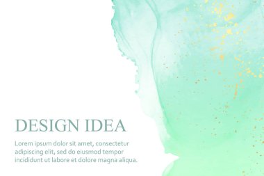 Modern suluboya arkaplan ya da zarif kart tasarımı ya da duvar kağıdı ya da soyut deniz mavisi mürekkebi dalgaları ve beyaz üzerinde altın rengi lekeler olan poster.