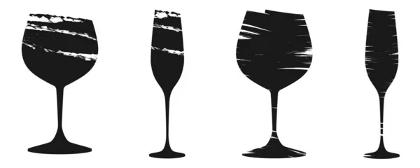 Ensemble Icônes Cocktail Vin Grunge Noir Verres Champagne Isolés Sur — Image vectorielle