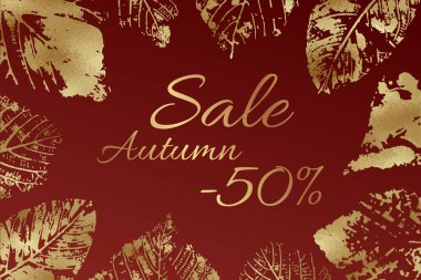 Kırmızı zemin üzerinde altın sonbahar yaprakları olan modern lüks kart şablonları.