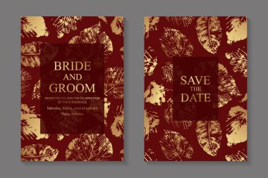 Lüks düğün davetiyesi dizaynı ya da kırmızı arka planda altın sonbahar yapraklı tebrik kartı şablonları..