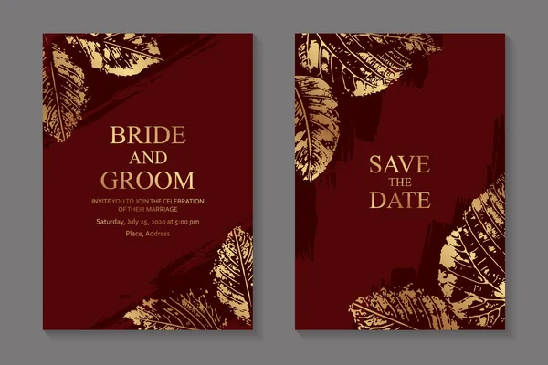黄金の秋の葉のプリントと豪華な花の結婚式の招待状のデザインやグリーティングカードテンプレートのセットは 赤の背景にプリント — ストックベクタ