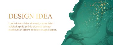 Modern suluboya arkaplan veya zarif kart tasarımı veya afiş veya soyut yeşil mürekkep dalgaları ve beyaz üzerine altın sıçramalar içeren başlık.